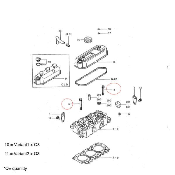 Boulon de culasse | boulon de culasse Mitsubishi L3A | L3C | L3E | L3E2 | MVL3E moteur | Peljob