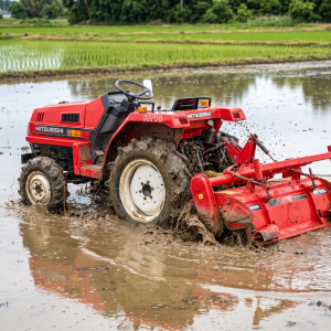 Driepuntshef en aftakas (PTO) van een Mitsubishi MT-tractor